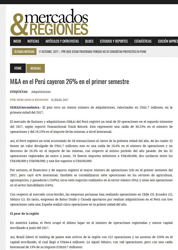 M&A en el Per cayeron 26% en el primer semestre